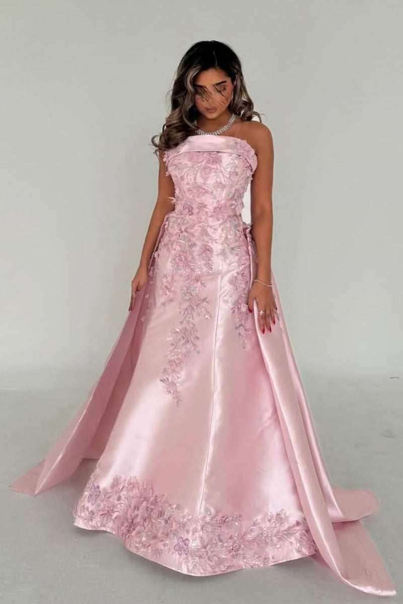 Luxurious A-Line Strapless Satin Pink Party Dress with Court Train Appliques
