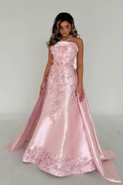 Luxurious A-Line Strapless Satin Pink Party Dress with Court Train Appliques