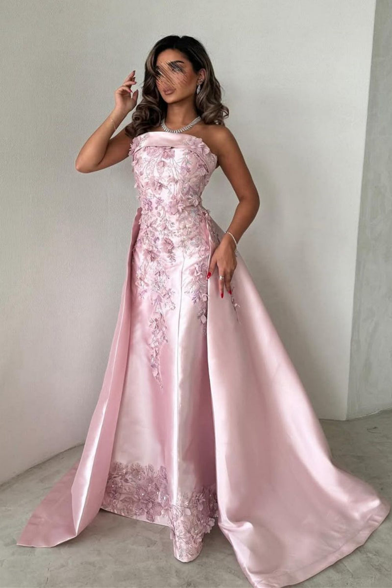Luxurious A-Line Strapless Satin Pink Party Dress with Court Train Appliques