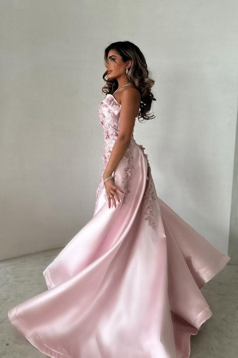 Luxurious A-Line Strapless Satin Pink Party Dress with Court Train Appliques