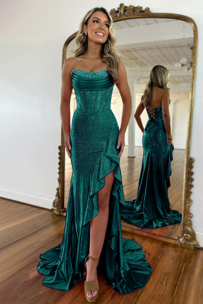Luxurious Hot Pink Glitter Mermaid Strapless Long Beaded Prom Dress With Leg Slit