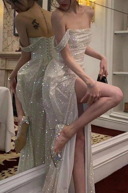 Luxurious Mermaid Off the Shoulder Silver Sequins Long Party Dress with Split Front