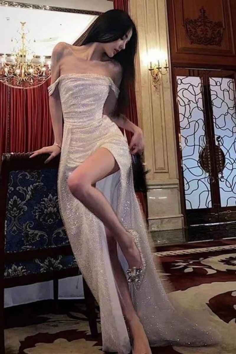 Luxurious Mermaid Off the Shoulder Silver Sequins Long Party Dress with Split Front