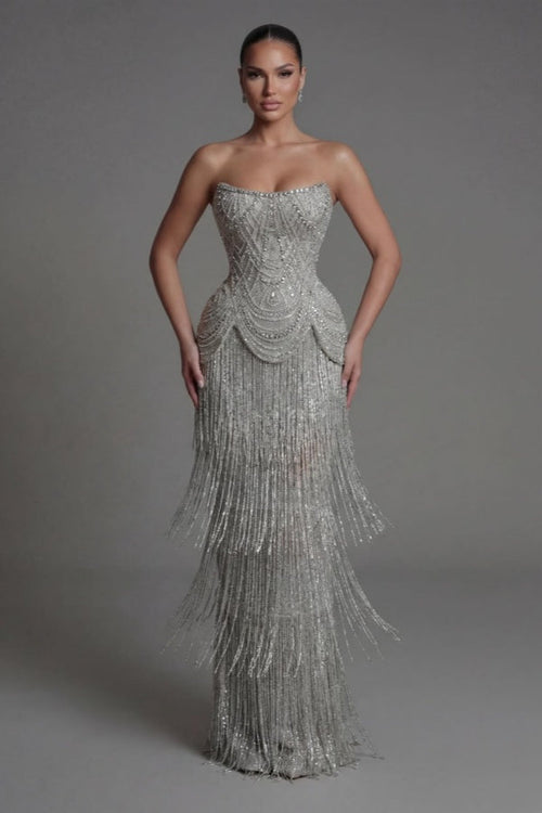 Luxurious Silver Strapless Prom Dress Sleeveless Beaded withstone