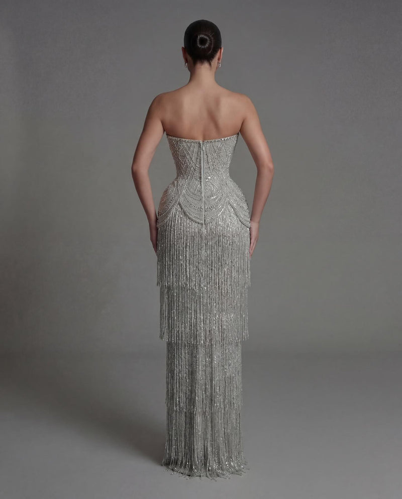 Luxurious Silver Strapless Prom Dress Sleeveless Beaded withstone