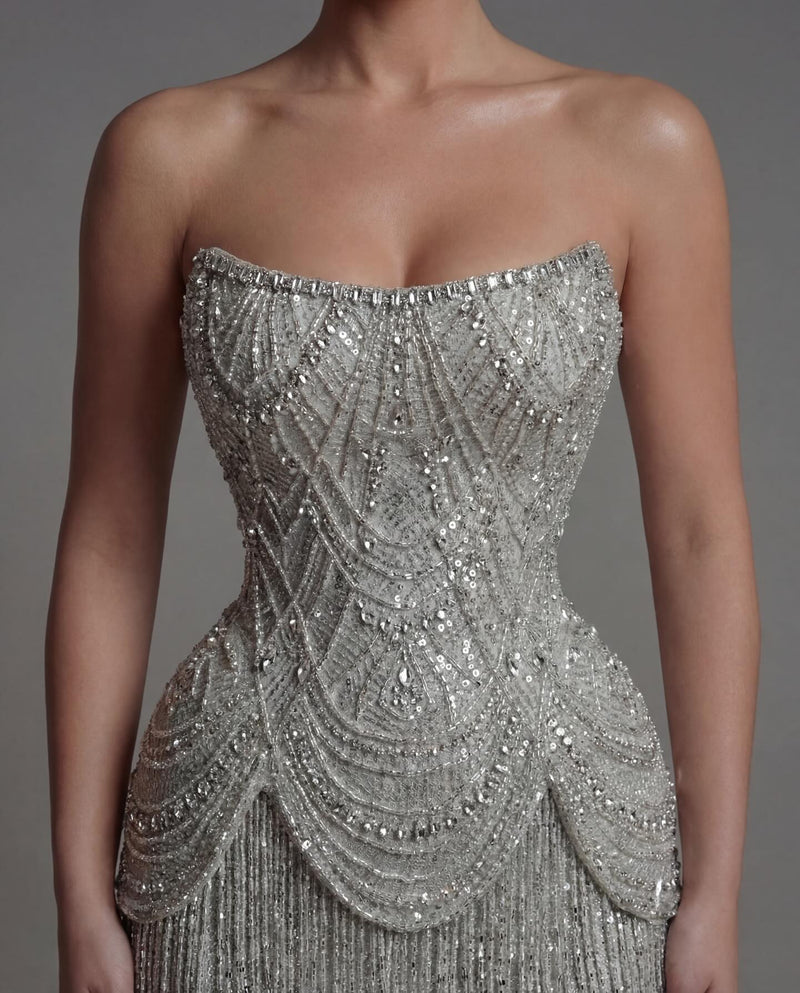 Luxurious Silver Strapless Prom Dress Sleeveless Beaded withstone