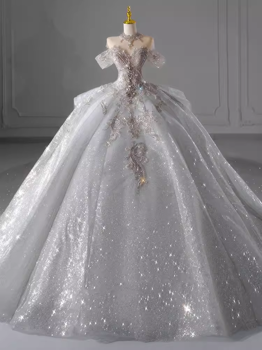 Luxury Ball Gown Off The Shoulder Short Sleeves Sequin Wedding Dress
