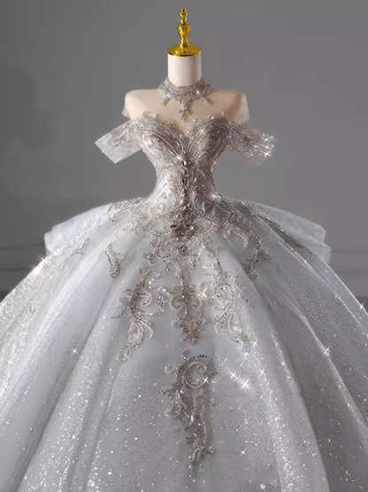 Luxury Ball Gown Off The Shoulder Short Sleeves Sequin Wedding Dress