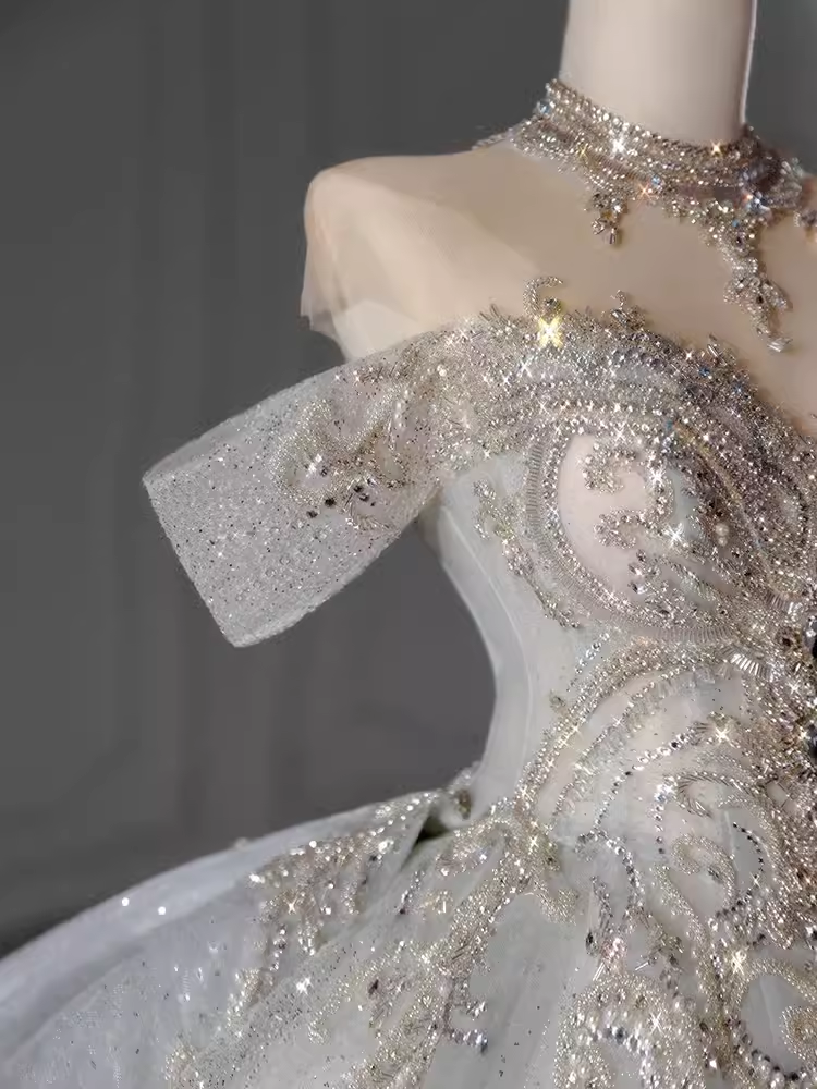 Luxury Ball Gown Off The Shoulder Short Sleeves Sequin Wedding Dress