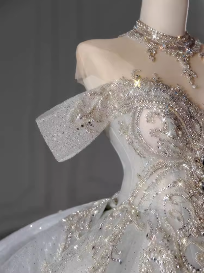 Luxury Ball Gown Off The Shoulder Short Sleeves Sequin Wedding Dress
