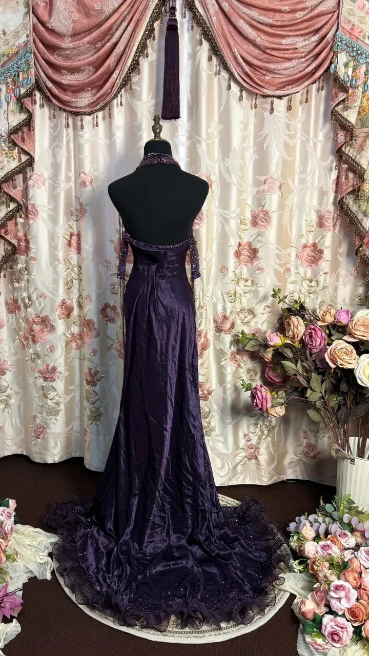 Luxury Halter V-neck Prom Dresses Beaded Sleeveless Evening Party Dress,AST2324