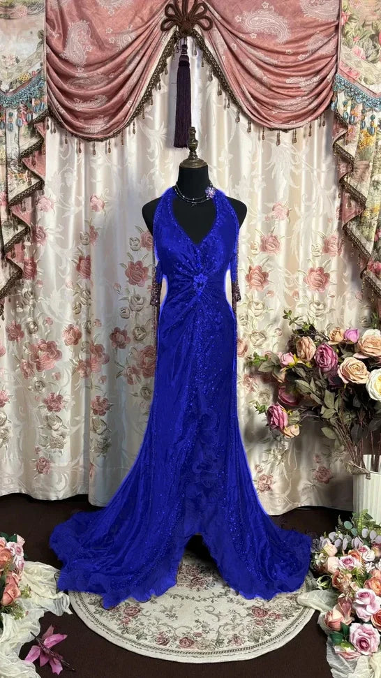 Luxury Halter V-neck Prom Dresses Beaded Sleeveless Evening Party Dress,AST2324