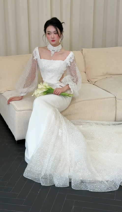 Luxury Mermaid Long Wedding Dresses Tulle Beaded White Bridal Gowns Sleeves Bridal Dresses