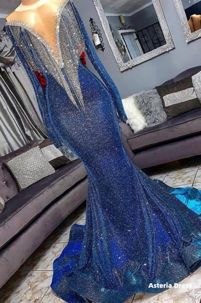 Luxury Navy Blue Long Sleeve Mermaid Prom Dresses, Sequines See Through Neckline Evening Dresses