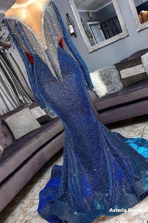 Luxury Navy Blue Long Sleeve Mermaid Prom Dresses, Sequines See Through Neckline Evening Dresses