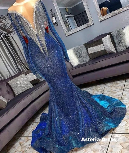 Luxury Navy Blue Long Sleeve Mermaid Prom Dresses, Sequines See Through Neckline Evening Dresses