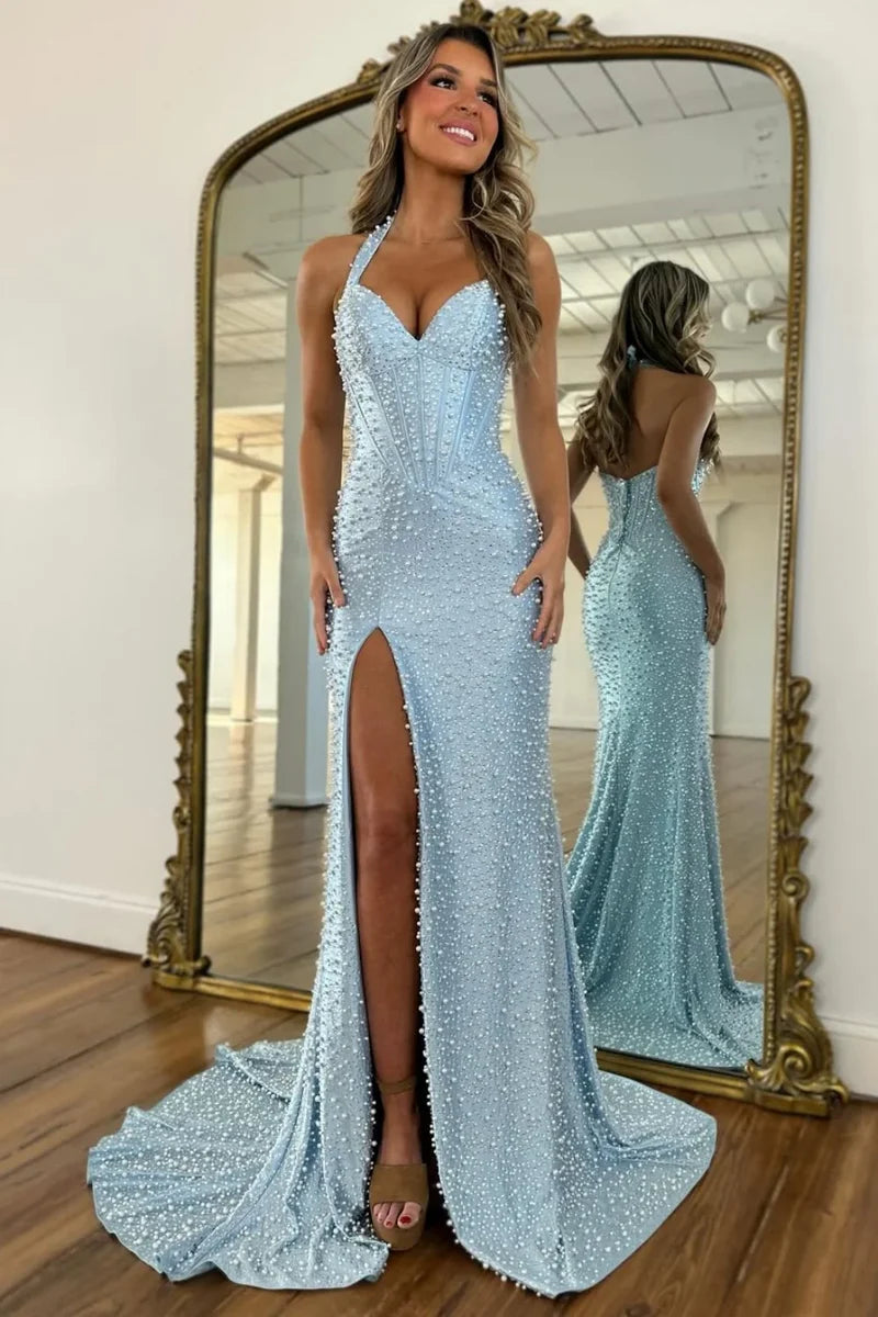 Luxury Pearl Beaded Mermaid Prom Dresses Satin Long Formal Dress With Slit,AST2298