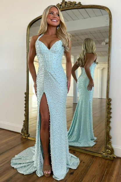 Luxury Pink Pearl Beaded Halter Mermaid Prom Dress with Corset and Slit