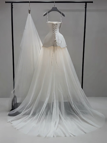 Luxury Strapless A-Line Long Wedding Dresses Tulle Satin White Bridal Gowns Sleeveless Bridal Dresses