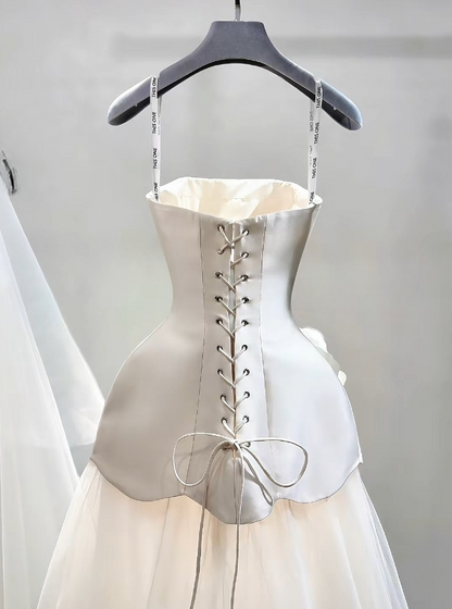 Luxury Strapless A-Line Long Wedding Dresses Tulle Satin White Bridal Gowns Sleeveless Bridal Dresses