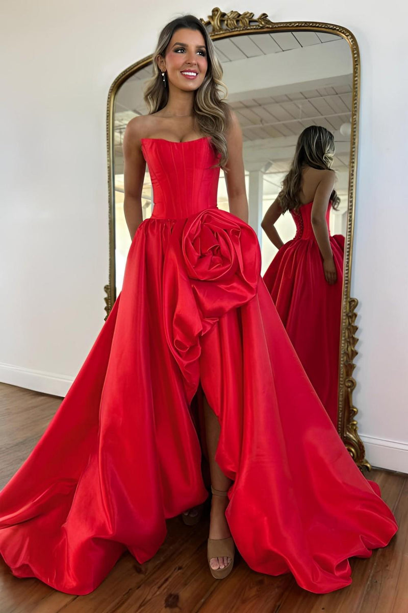 Luxury Strapless Corset Prom Gown with High Slit Skirt and Rosette Accent