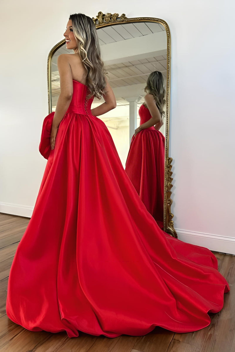 Luxury Strapless Corset Prom Gown with High Slit Skirt and Rosette Accent