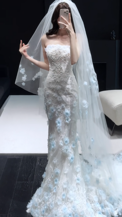 Luxury Strapless Mermaid Long Wedding Dresses Lace Appliques White Bridal Gowns Sleeveless Bridal Dresses