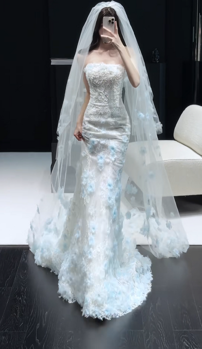 Luxury Strapless Mermaid Long Wedding Dresses Lace Appliques White Bridal Gowns Sleeveless Bridal Dresses