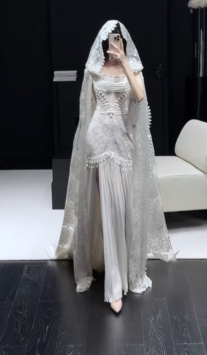 Luxury Straps Sheath Long Wedding Dresses Chiffon Lace White Bridal Gowns Sleeveless Bridal Dresses
