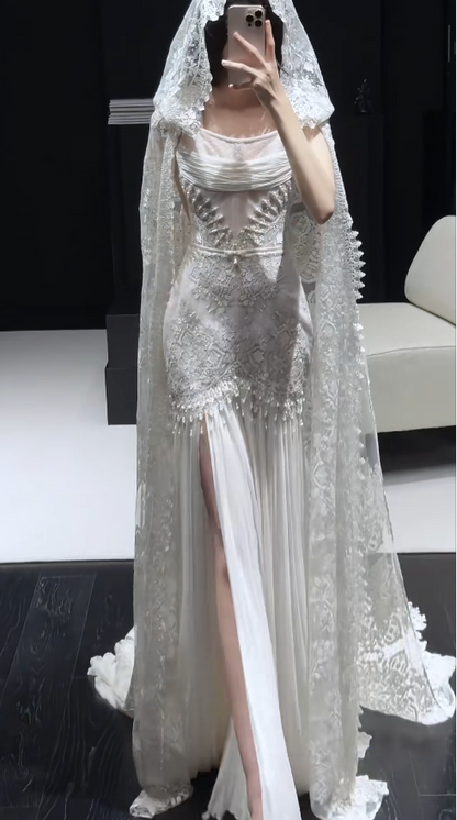 Luxury Straps Sheath Long Wedding Dresses Chiffon Lace White Bridal Gowns Sleeveless Bridal Dresses