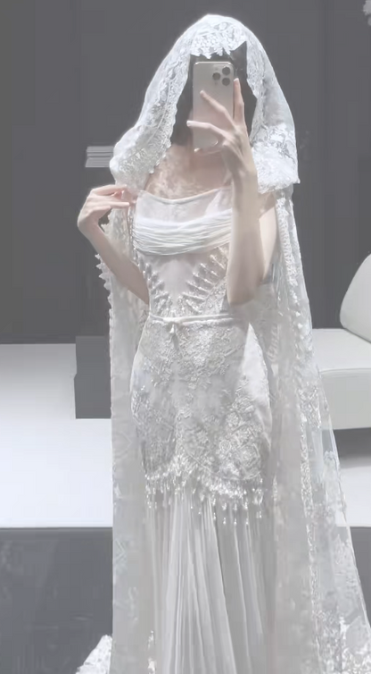 Luxury Straps Sheath Long Wedding Dresses Chiffon Lace White Bridal Gowns Sleeveless Bridal Dresses