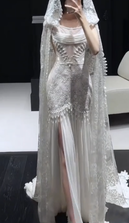 Luxury Straps Sheath Long Wedding Dresses Chiffon Lace White Bridal Gowns Sleeveless Bridal Dresses