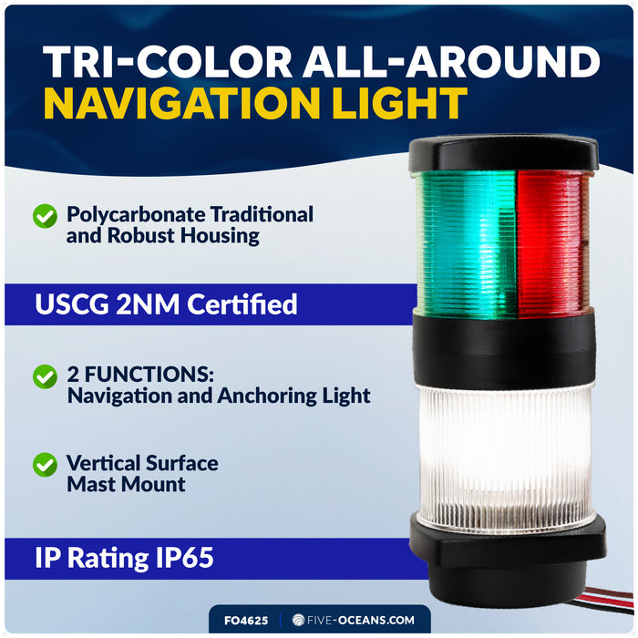 Masthead LED Tri-Color / Anchor Navigation Light, 12V DC - 2NM - FO4625 - Five Oceans