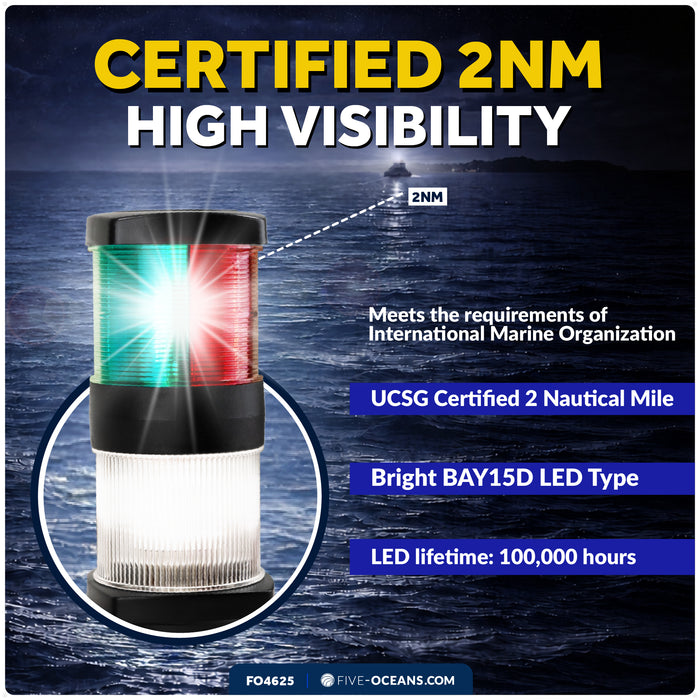 Masthead LED Tri-Color / Anchor Navigation Light, 12V DC - 2NM - FO4625 - Five Oceans