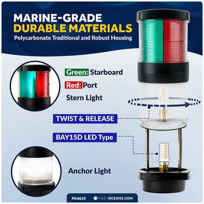 Masthead LED Tri-Color / Anchor Navigation Light, 12V DC - 2NM - FO4625 - Five Oceans