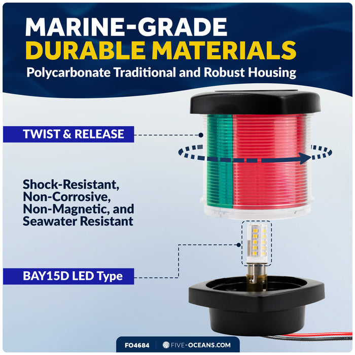 Masthead LED Tri-Color Navigation Light, 12VDC - 2NM - FO4684 - Five Oceans