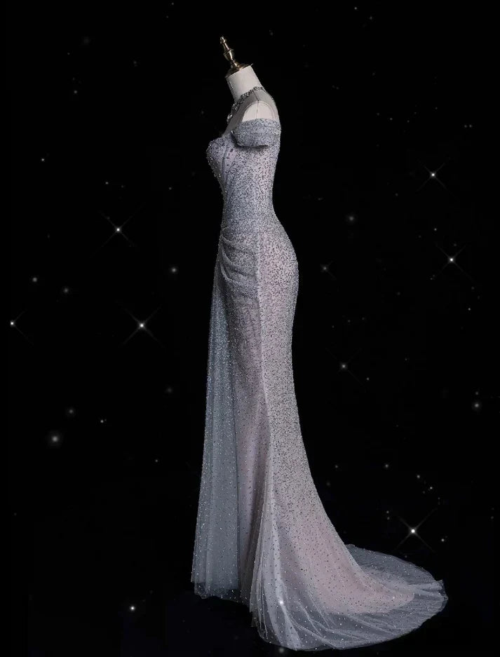 Mermaid Gown Off The Shoulder Tulle Sequins Long Prom Dress for Formal Events &Quinceanera