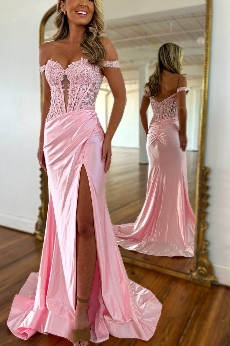 Mermaid Off the Shoulder Satin Slit Prom Dresses with Appliques