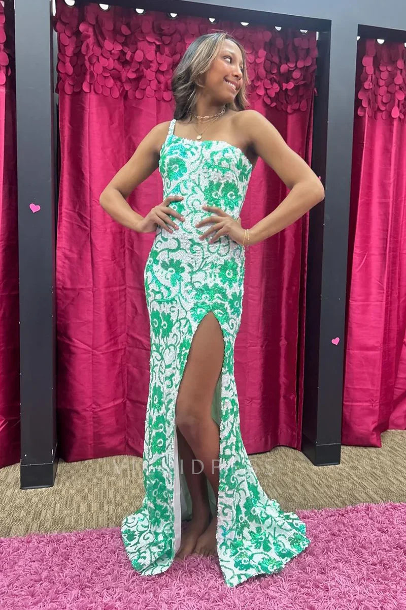 Mermaid One Shoulder Sequin Lace Long Prom Dresses with Slit