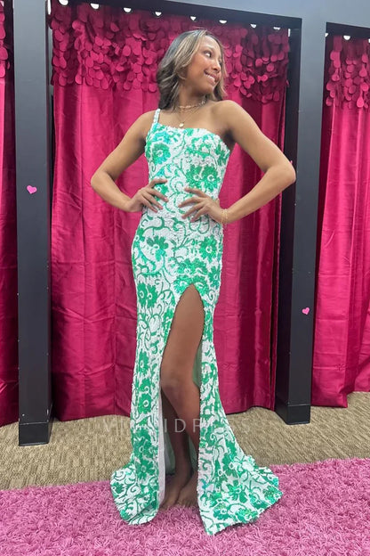 Mermaid One Shoulder Sequin Lace Long Prom Dresses with Slit