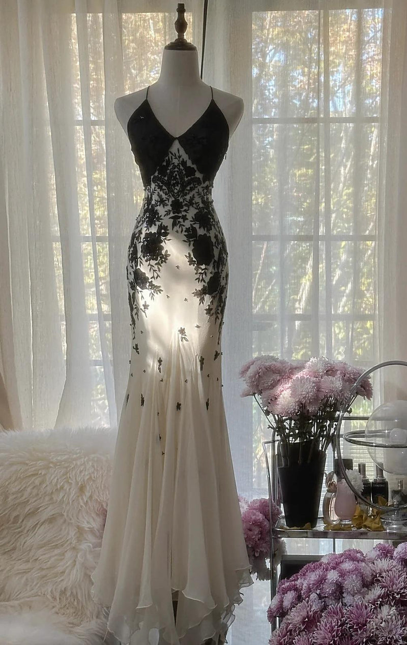 Mermaid Spaghetti Strap Chiffon Applique Long Prom Dresses Temperament Party Dresses