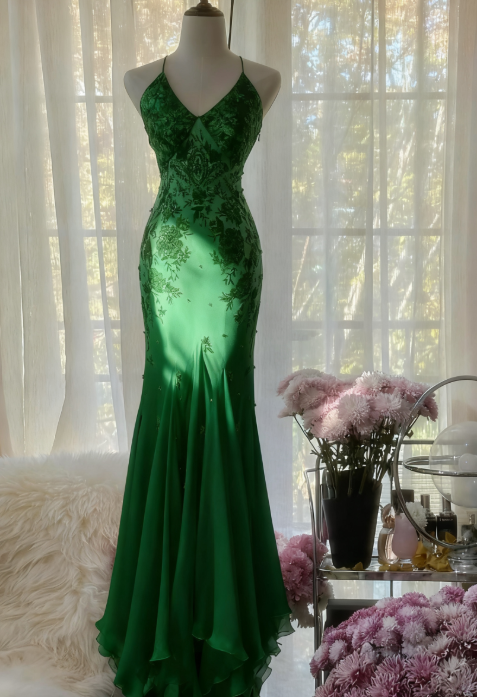 Mermaid Spaghetti Strap Chiffon Applique Long Prom Dresses Temperament Party Dresses