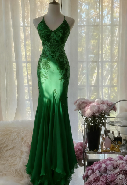 Mermaid Spaghetti Strap Chiffon Applique Long Prom Dresses Temperament Party Dresses
