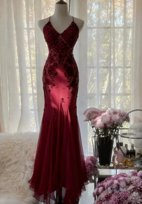 Mermaid Spaghetti Strap Chiffon Applique Long Prom Dresses Temperament Party Dresses