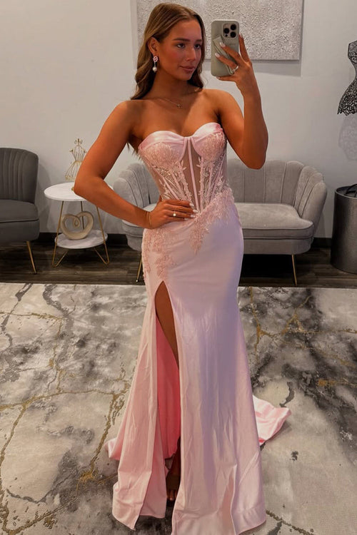 Mermaid Strapless Corset Pink Satin Appliques Long Prom Dresses with Slit