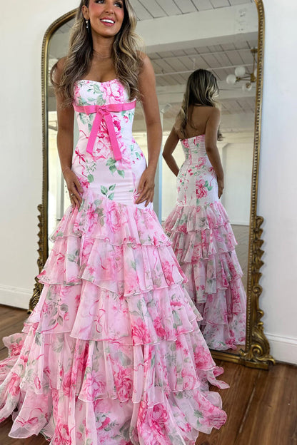 Mermaid Strapless White Blue Floral Tiered Chiffon Prom Dress