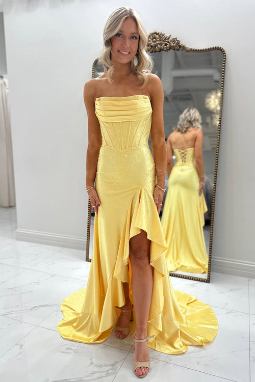 Mermaid Strapless Yellow Pleats Corset Long Prom Dresses with Ruffle Slit