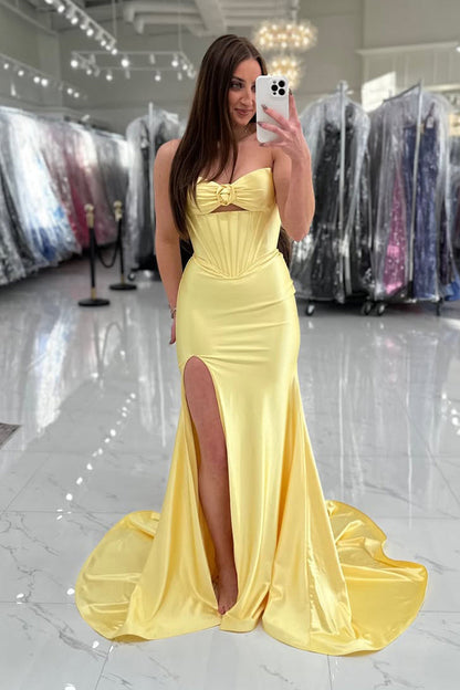 Mermaid Strapless Yellow Satin Corset Long Prom Dresses with Slit