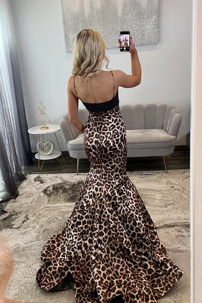 Mermaid V Neck Leopard Print Prom Dress with Bow
