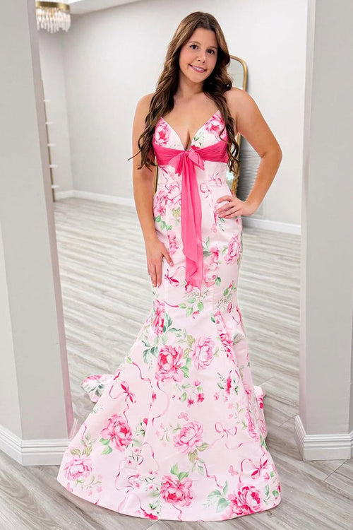 Mermaid V Neck Pink Floral Satin Prom Dress with Beading